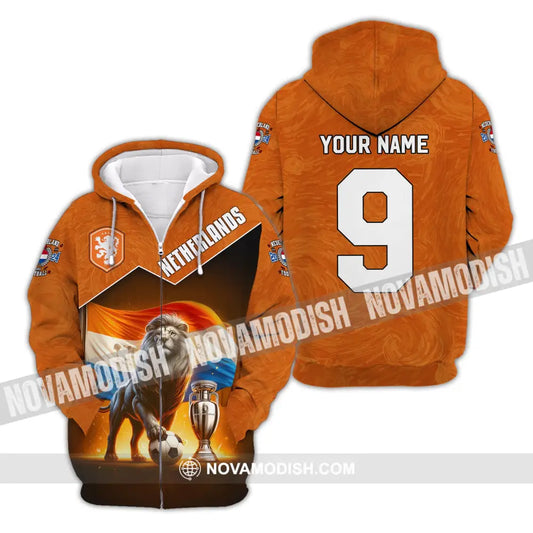 Unisex Shirt Custom Name And Number Netherlands Euro 2024 Football Polo Long Sleeve Zipper Hoodie /