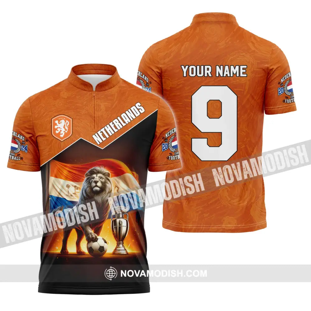 Unisex Shirt Custom Name And Number Netherlands Euro 2024 Football Polo Long Sleeve Zipper / S