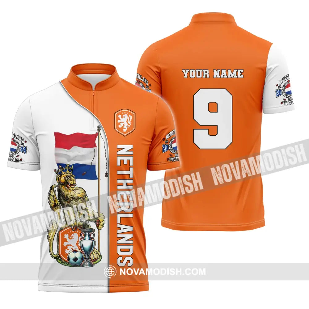 Unisex Shirt Custom Name And Number Netherlands Euro 2024 Football Polo Long Sleeve Zipper / S