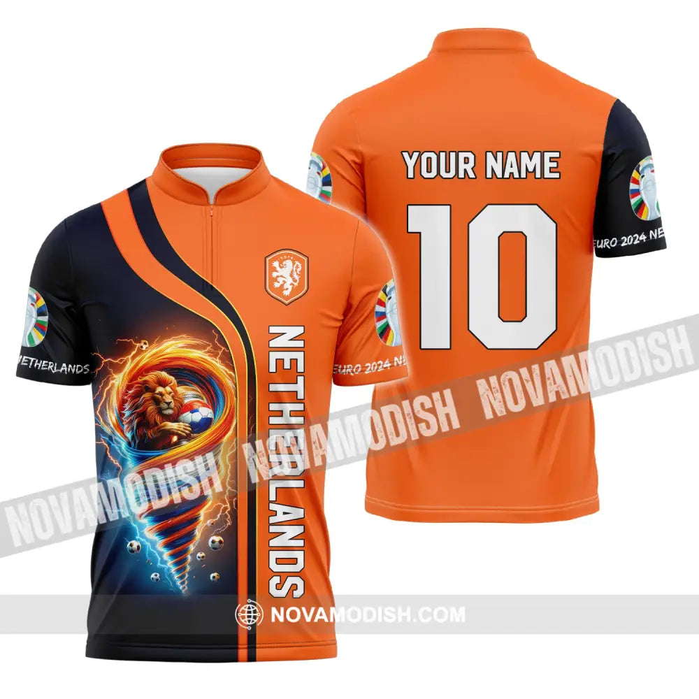 Unisex Shirt Custom Name And Number Netherlands Euro 2024 Football Polo Long Sleeve Zipper / S