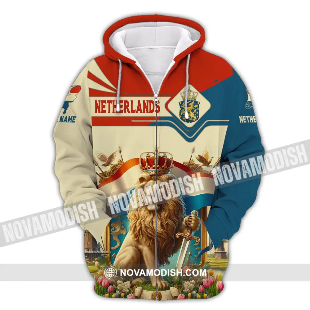 Unisex Shirt Custom Name And Number Netherlands Football Polo Long Sleeve Zipper Hoodie / S T-Shirt