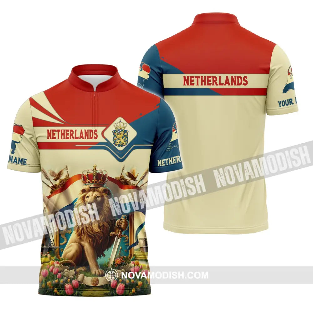 Unisex Shirt Custom Name And Number Netherlands Football Polo Long Sleeve Zipper / S T-Shirt