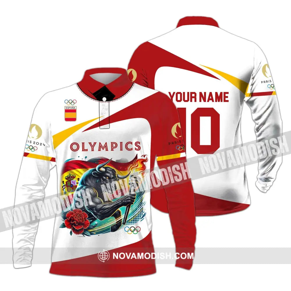 Unisex Shirt - Custom Name And Number Olympics Paris 2024 Sport Spain Long Sleeve Polo / S T-Shirt