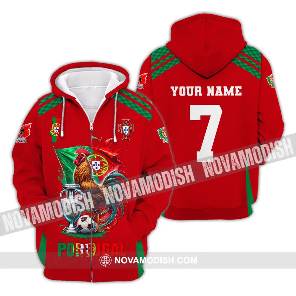 Unisex Shirt Custom Name And Number Portugal Euro 2024 Football Polo Long Sleeve Zipper Hoodie / S