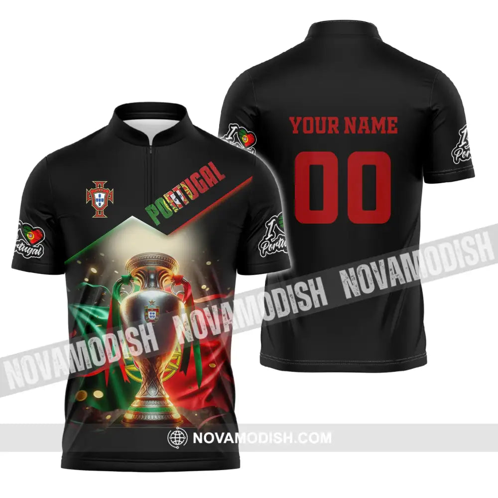 Unisex Shirt Custom Name And Number Portugal Euro 2024 Football Polo Long Sleeve Zipper / S T-Shirt