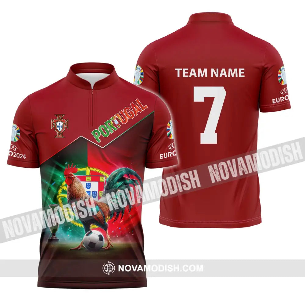 Unisex Shirt Custom Name And Number Portugal Football Euro 2024 Polo Long Sleeve Zipper / S T-Shirt