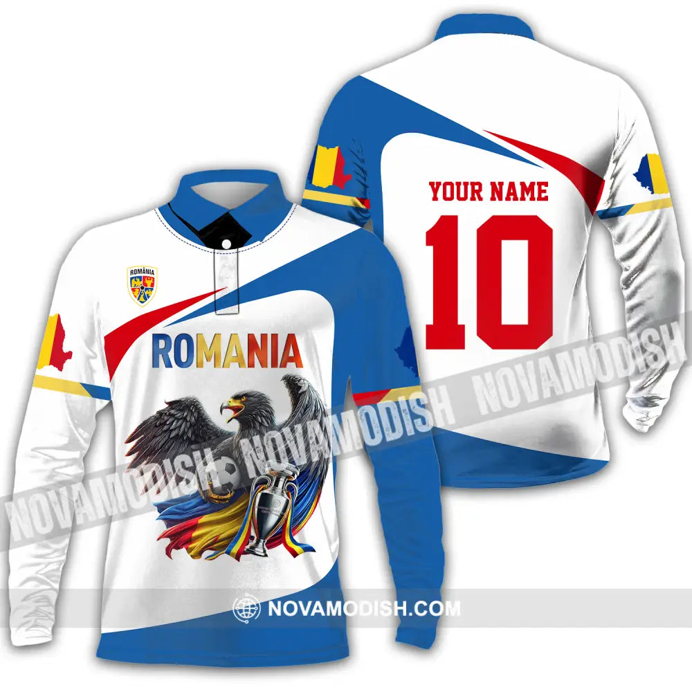 Unisex Shirt - Custom Name And Number Shirt Romania Eagle National Team Euro 2024 Cup Ball Long Sleeve Polo / S T-shirt