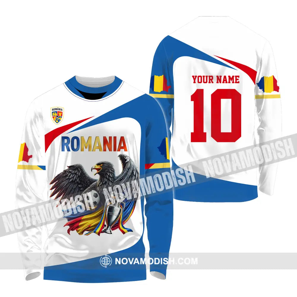 Unisex Shirt - Custom Name And Number Shirt Romania Eagle National Team Euro 2024 Cup Ball Long Sleeve Shirt / S T-shirt