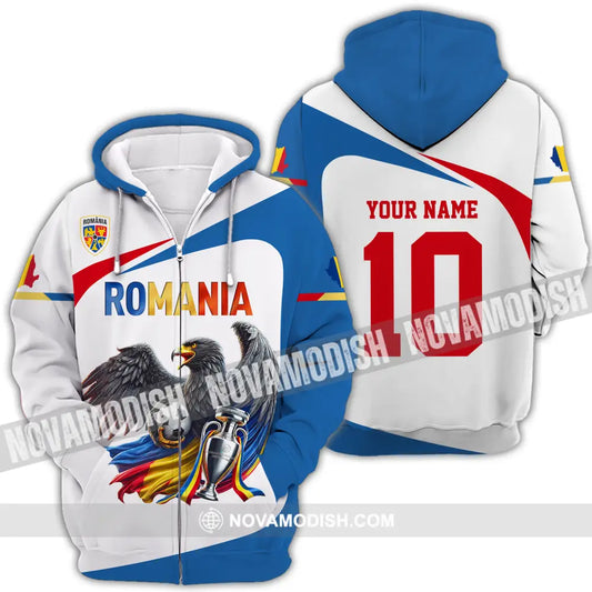Unisex Shirt - Custom Name And Number Shirt Romania Eagle National Team Euro 2024 Cup Ball Zipper Hoodie / S T-shirt