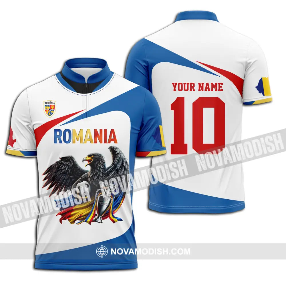 Unisex Shirt - Custom Name And Number Shirt Romania Eagle National Team Euro 2024 Cup Ball Zipper Polo Shirt / S T-shirt