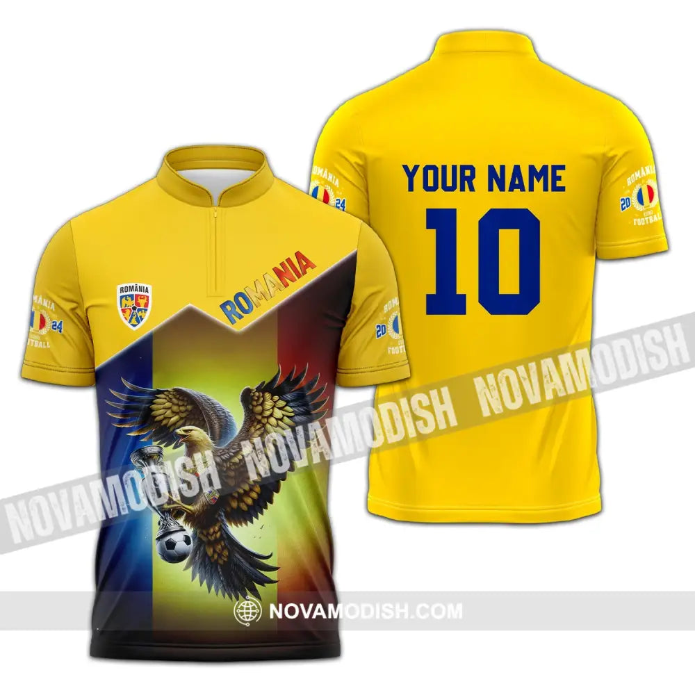 Unisex Shirt - Custom Name And Number Romania Euro 2024 Team Zipper Polo / S T-Shirt