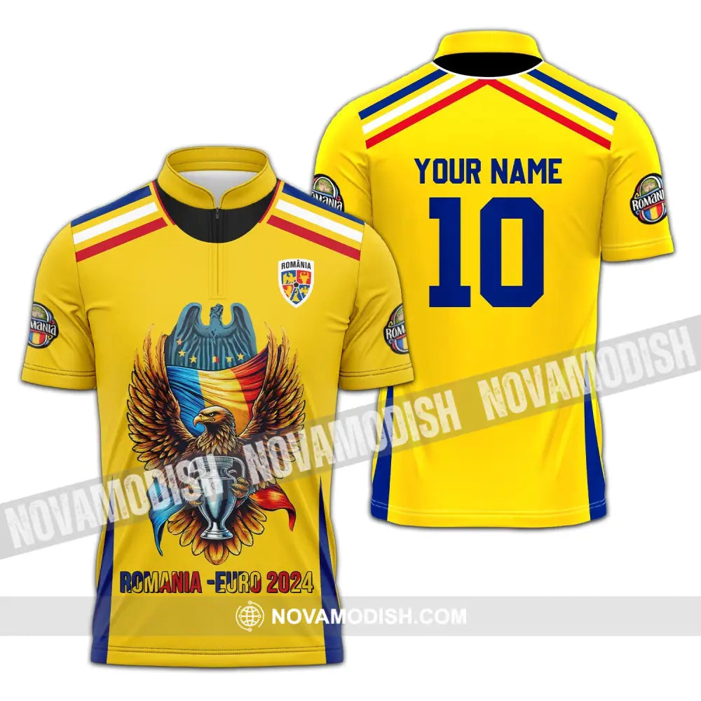 Unisex Shirt - Custom Name And Number Romania Euro 2024 Zipper Polo / S T-Shirt