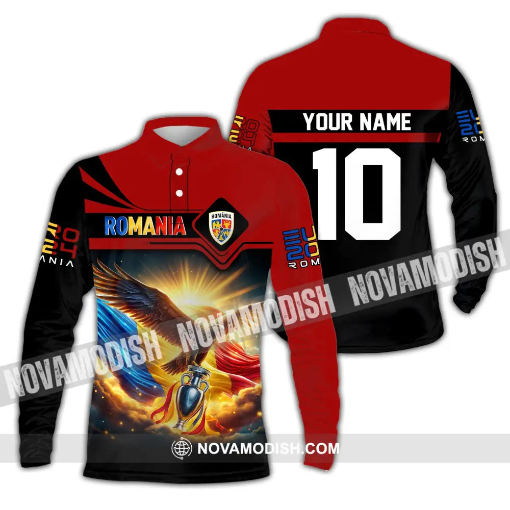 Unisex Shirt Custom Name And Number Romania Football Polo Euro 2024 Hoodie Long Sleeve / S T-Shirt