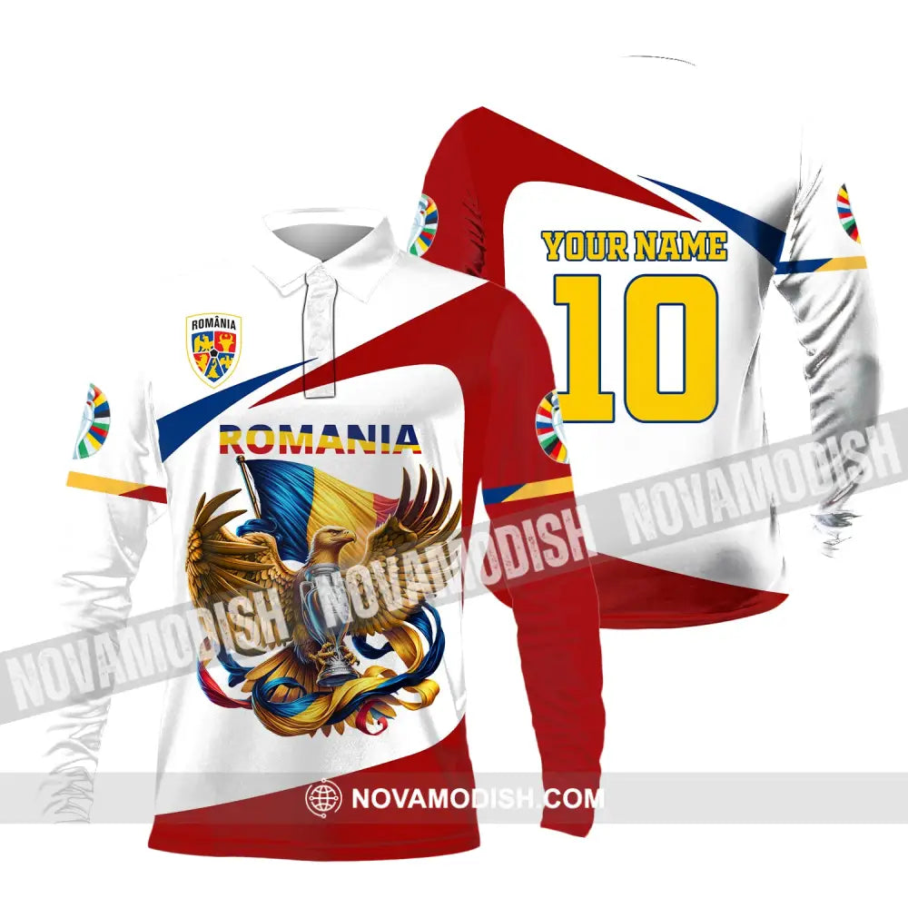 Unisex Shirt Custom Name And Number Romania Football Polo Euro 2024 Hoodie Long Sleeve / S T-Shirt