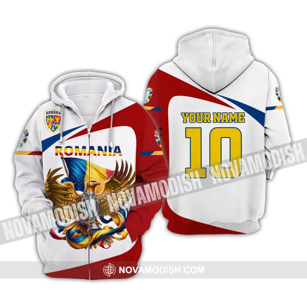 Unisex Shirt Custom Name And Number Romania Football Polo Euro 2024 Hoodie Long Sleeve Zipper / S