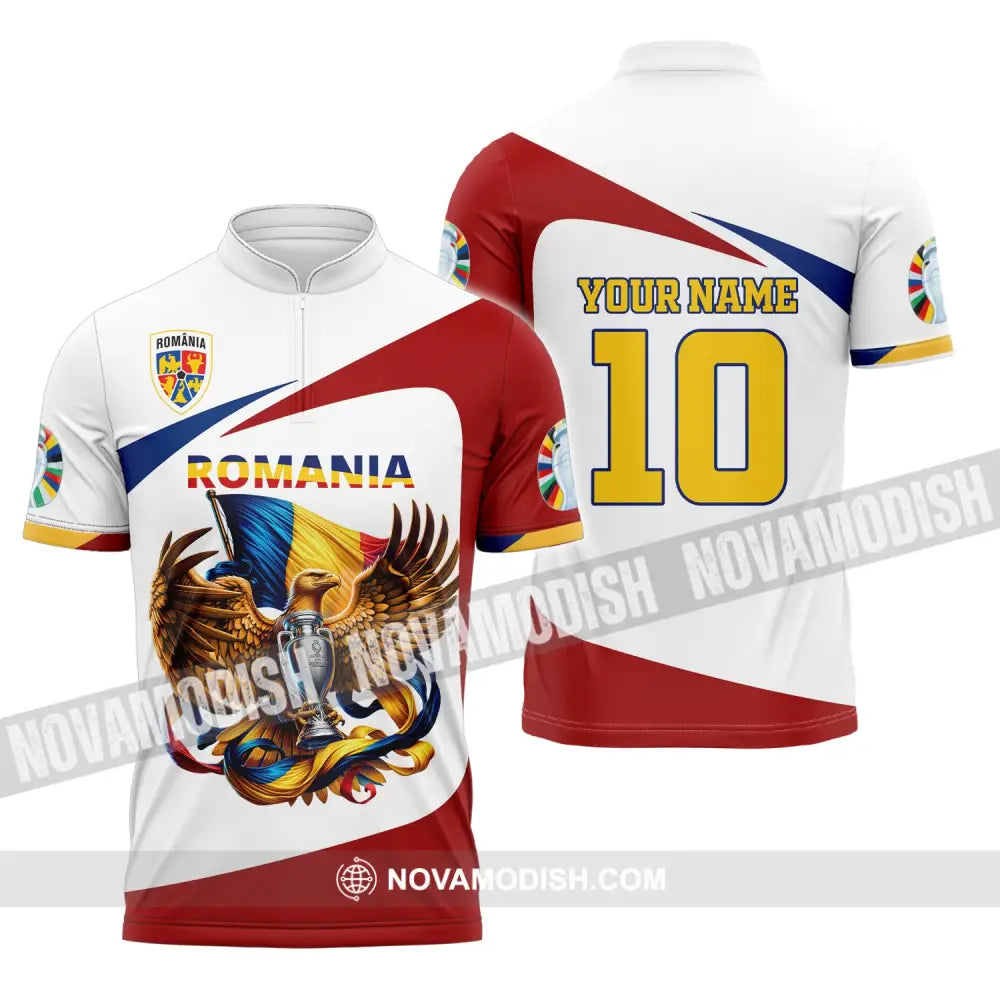 Unisex Shirt Custom Name And Number Romania Football Polo Euro 2024 Hoodie Long Sleeve Zipper / S