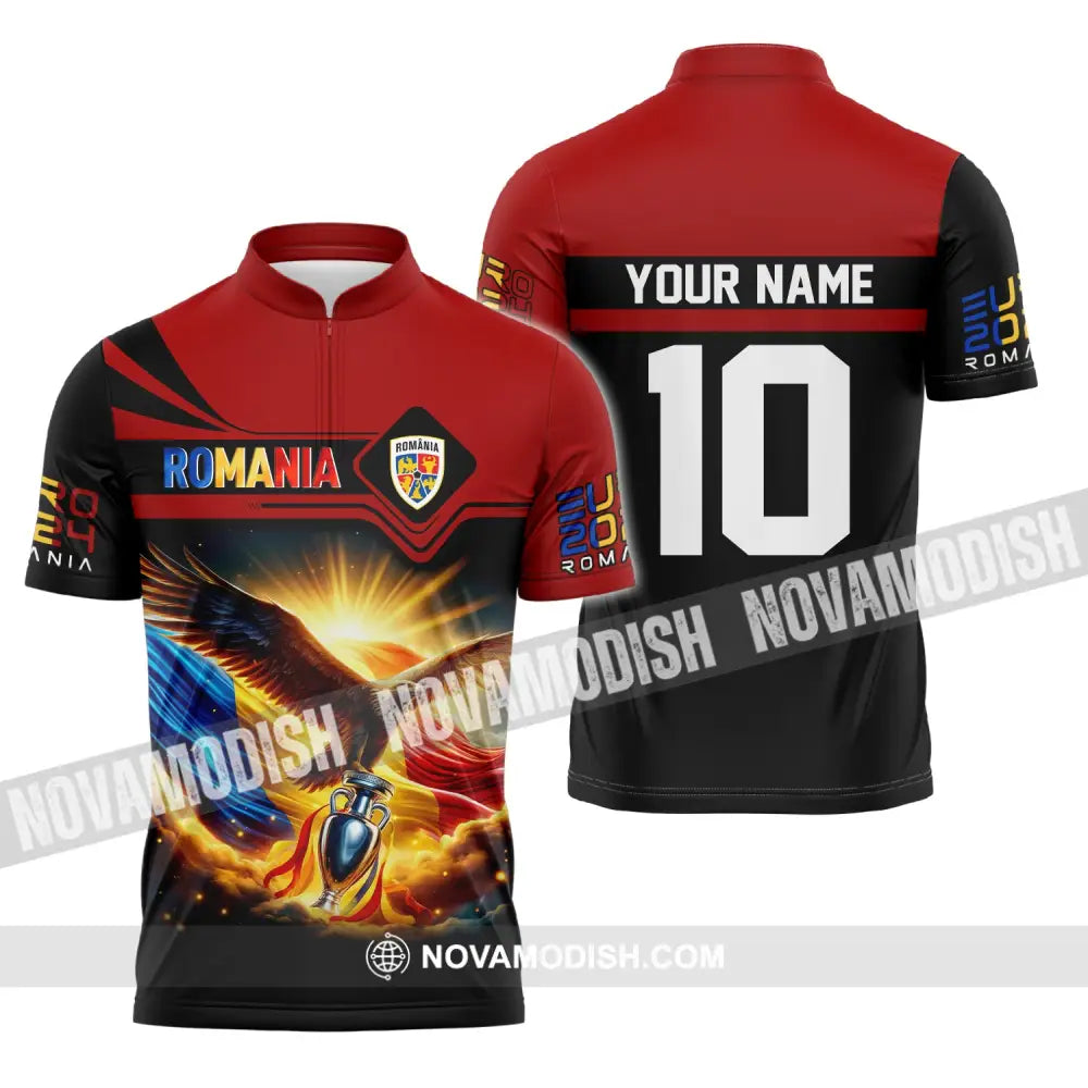 Unisex Shirt Custom Name And Number Romania Football Polo Euro 2024 Hoodie Long Sleeve Zipper / S