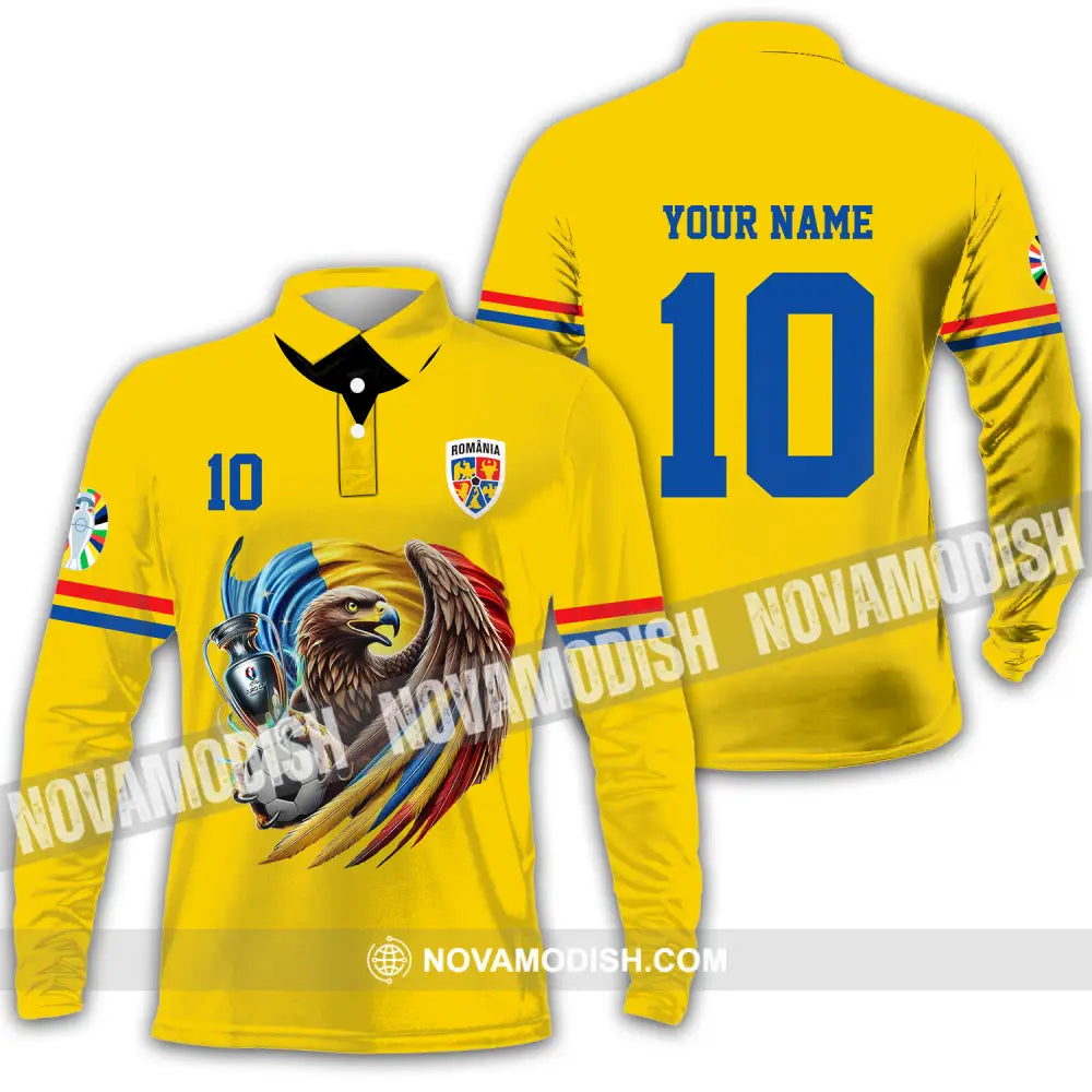 Unisex Shirt - Custom Name And Number Shirt Romania National Team Euro 2024 Cup Ball Long Sleeve Polo / S T-shirt