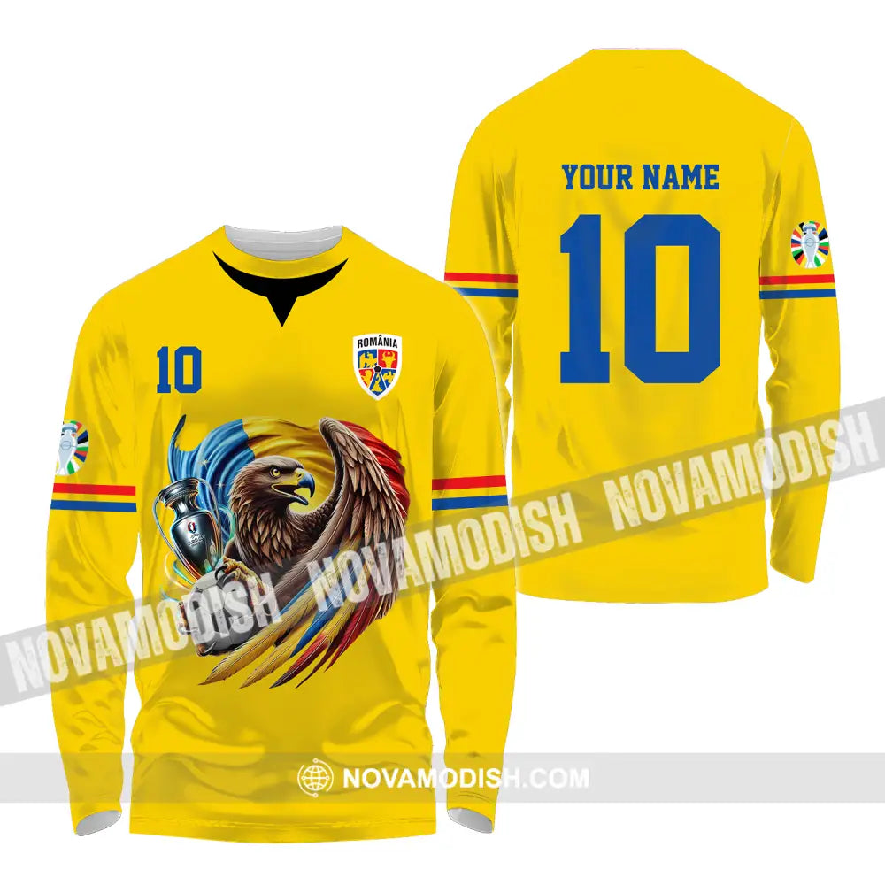 Unisex Shirt - Custom Name And Number Shirt Romania National Team Euro 2024 Cup Ball Long Sleeve Shirt / S T-shirt