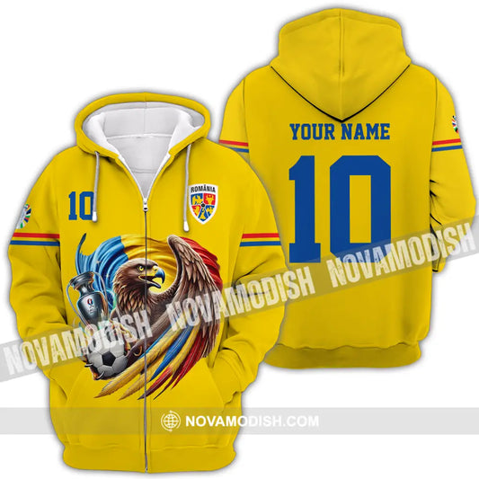 Unisex Shirt - Custom Name And Number Shirt Romania National Team Euro 2024 Cup Ball Zipper Hoodie / S T-shirt