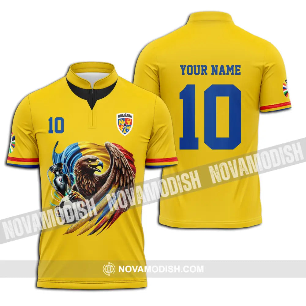 Unisex Shirt - Custom Name And Number Shirt Romania National Team Euro 2024 Cup Ball Zipper Polo Shirt / S T-shirt