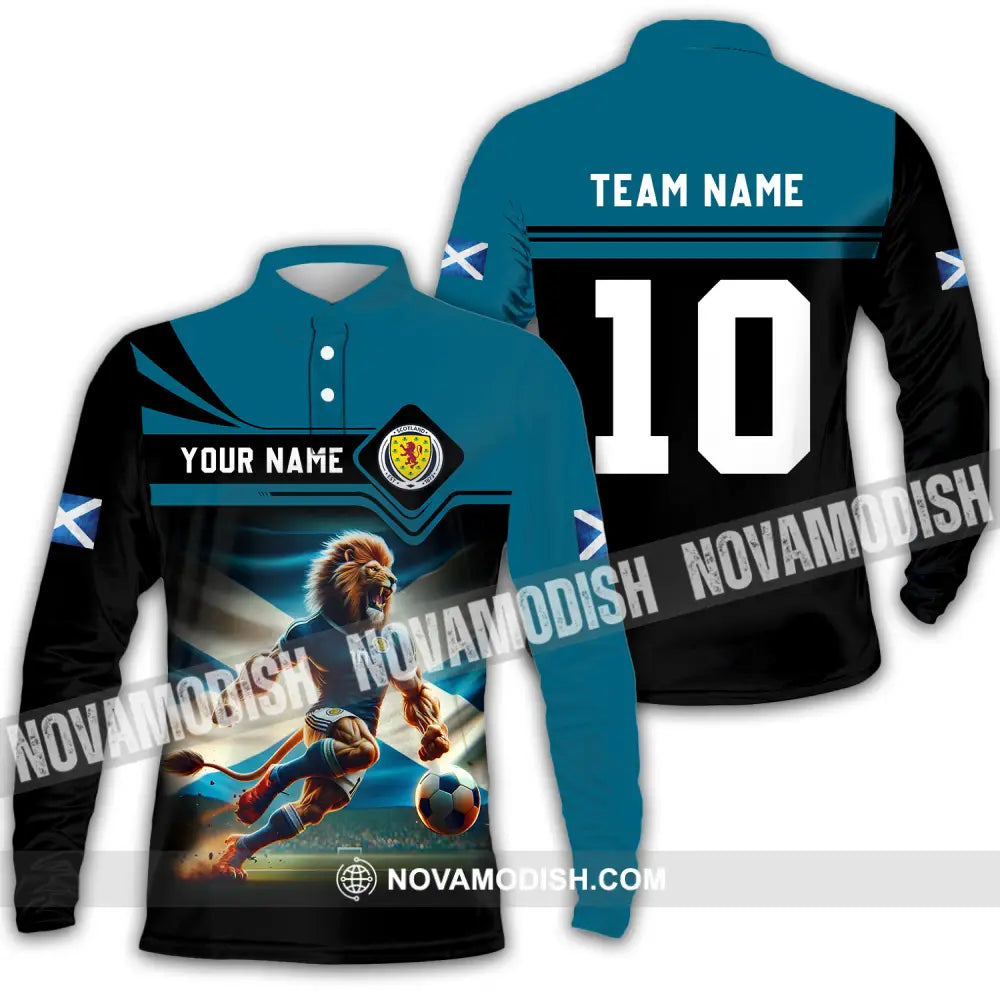 Unisex Shirt - Custom Name And Number Scotland Lion Playing Ball Shirt Long Sleeve Polo / S T-shirt