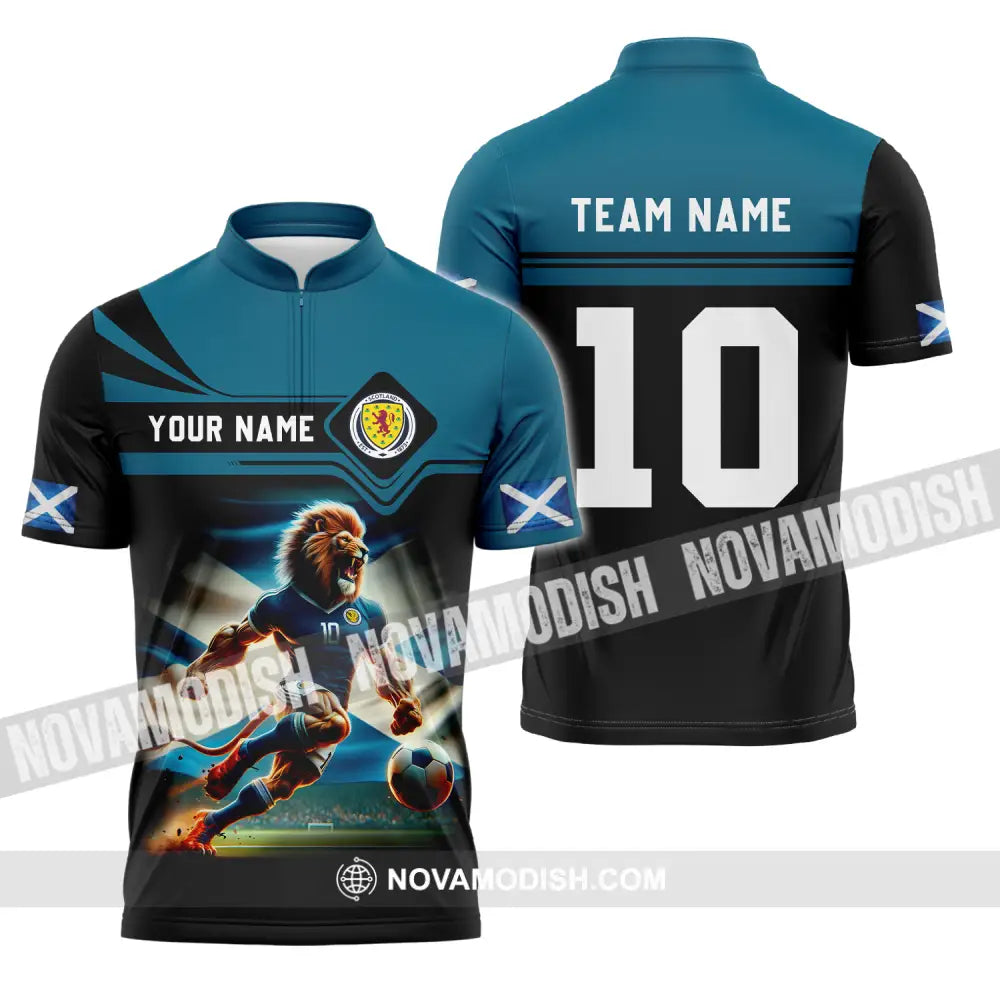 Unisex Shirt - Custom Name And Number Scotland Lion Playing Ball Shirt Zipper Polo Shirt / S T-shirt