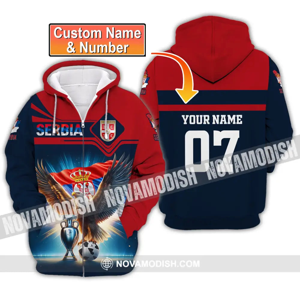 Unisex Shirt Custom Name And Number Serbia Football Polo Euro 2024 Hoodie Long Sleeve T-Shirt