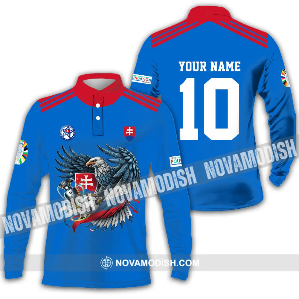 Unisex Shirt - Custom Name And Number Shirt Slovakia National Team Blue Euro 2024 Long Sleeve Polo / S T-shirt