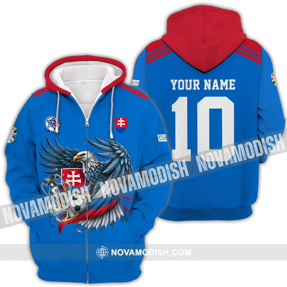 Unisex Shirt - Custom Name And Number Shirt Slovakia National Team Blue Euro 2024 Zipper Hoodie / S T-shirt