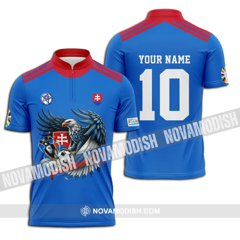Unisex Shirt - Custom Name And Number Shirt Slovakia National Team Blue Euro 2024 Zipper Polo Shirt / S T-shirt