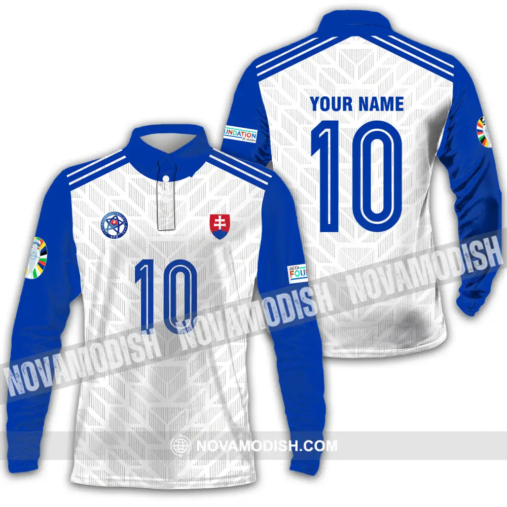 Unisex Shirt - Custom Name And Number Shirt Slovakia National Team White And Blue Euro 2024 Long Sleeve Polo / S T-shirt