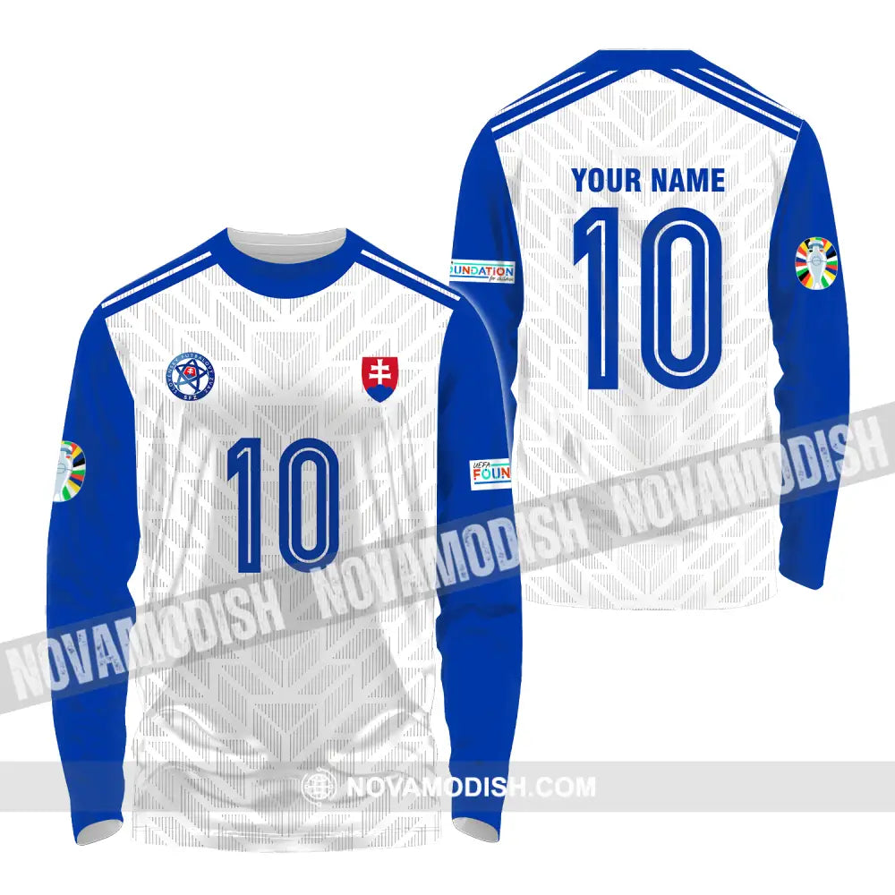 Unisex Shirt - Custom Name And Number Shirt Slovakia National Team White And Blue Euro 2024 Long Sleeve Shirt / S