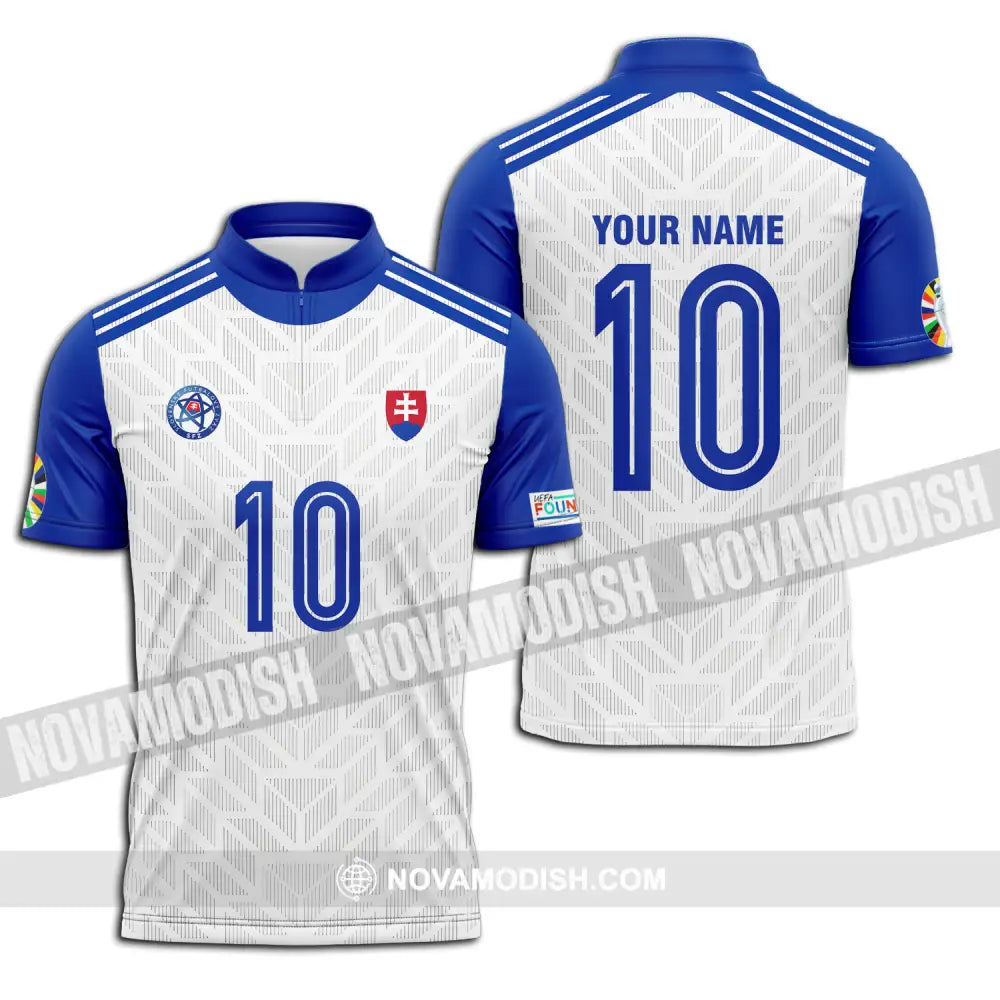 Unisex Shirt - Custom Name And Number Shirt Slovakia National Team White And Blue Euro 2024 Zipper Polo Shirt / S