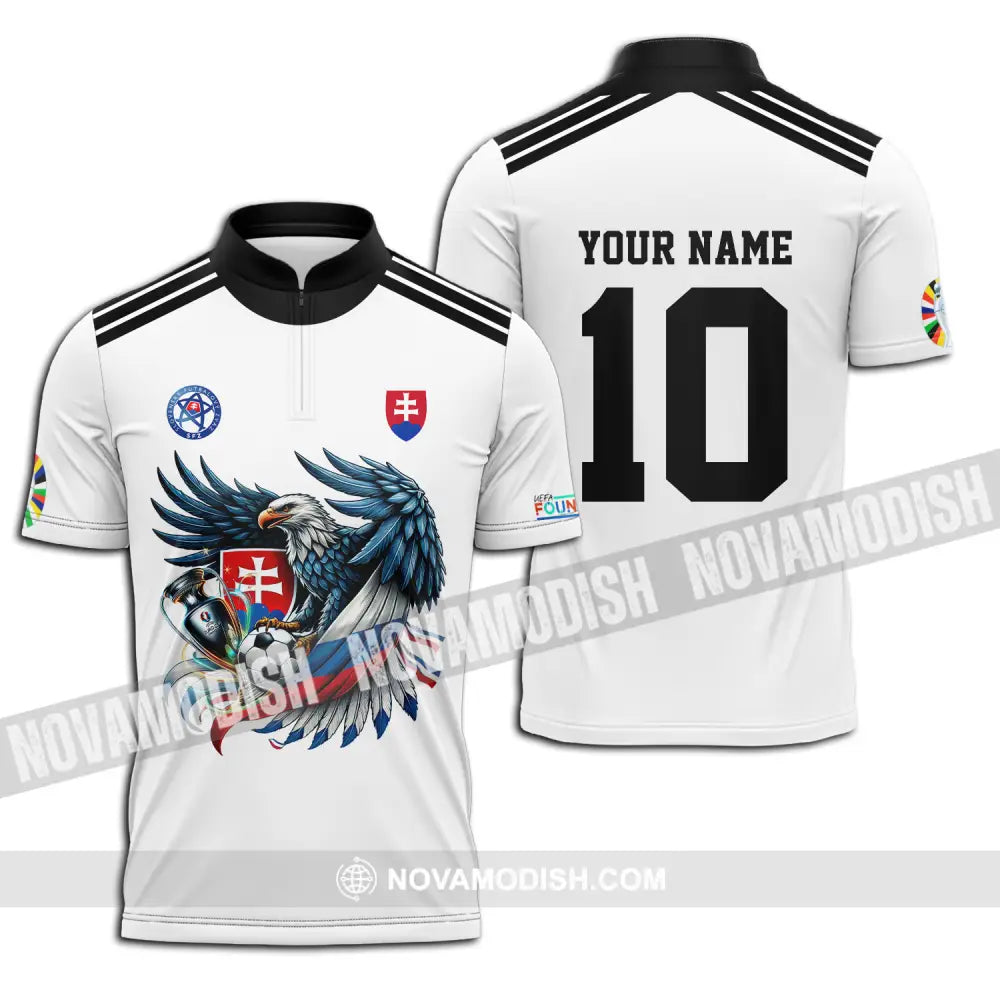 Unisex Shirt - Custom Name And Number Shirt Slovakia National Team White Euro 2024 Zipper Polo Shirt / S T-shirt