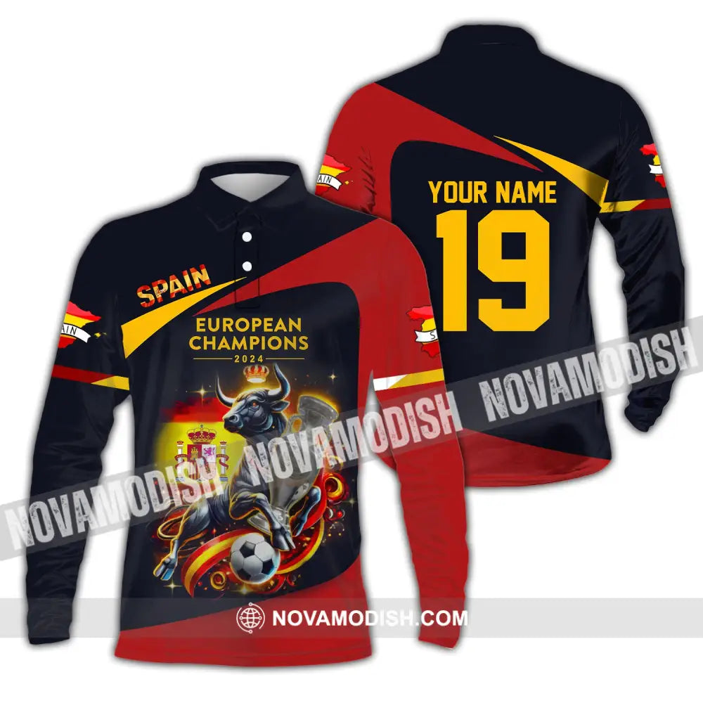 Unisex Shirt Custom Name And Number Spain Football Euro 2024 Polo Long Sleeve / S T-Shirt