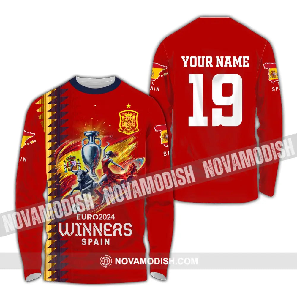 Unisex Shirt Custom Name And Number Spain Football Euro 2024 Polo Long Sleeve / S T-Shirt