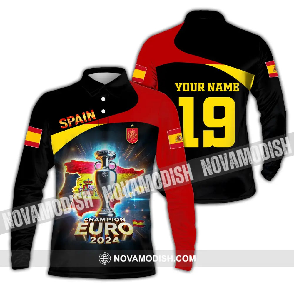 Unisex Shirt Custom Name And Number Spain Football Euro 2024 Polo Long Sleeve / S T-Shirt