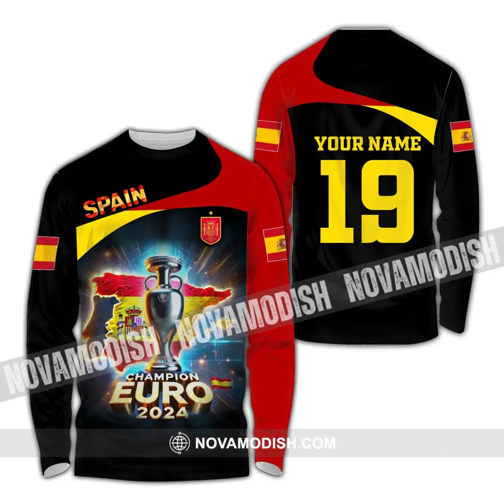 Unisex Shirt Custom Name And Number Spain Football Euro 2024 Polo Long Sleeve / S T-Shirt