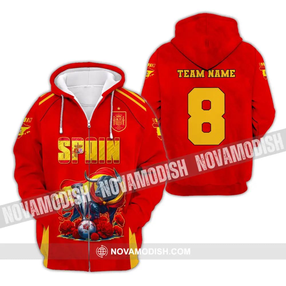 Unisex Shirt Custom Name And Number Spain Football Euro 2024 Polo Long Sleeve Zipper Hoodie / S