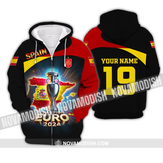 Unisex Shirt Custom Name And Number Spain Football Euro 2024 Polo Long Sleeve Zipper Hoodie / S