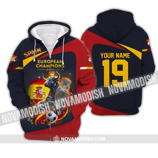 Unisex Shirt Custom Name And Number Spain Football Euro 2024 Polo Long Sleeve Zipper Hoodie / S