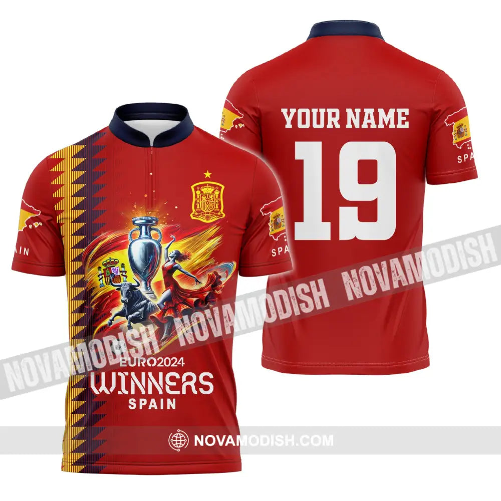 Unisex Shirt Custom Name And Number Spain Football Euro 2024 Polo Long Sleeve Zipper / S T-Shirt