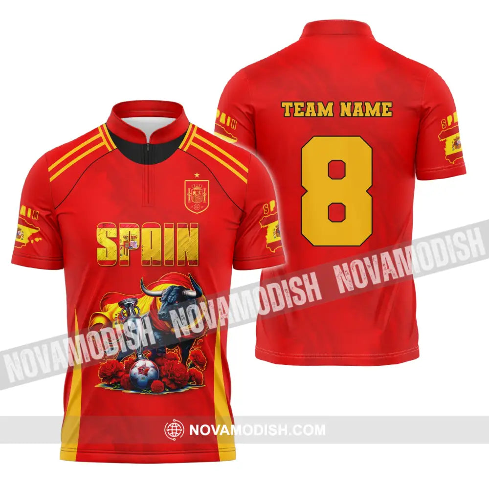 Unisex Shirt Custom Name And Number Spain Football Euro 2024 Polo Long Sleeve Zipper / S T-Shirt