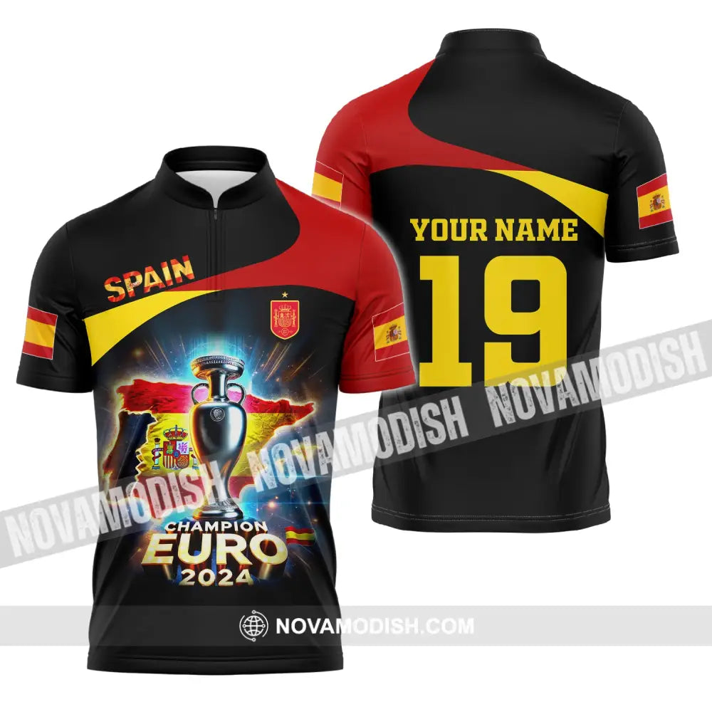 Unisex Shirt Custom Name And Number Spain Football Euro 2024 Polo Long Sleeve Zipper / S T-Shirt