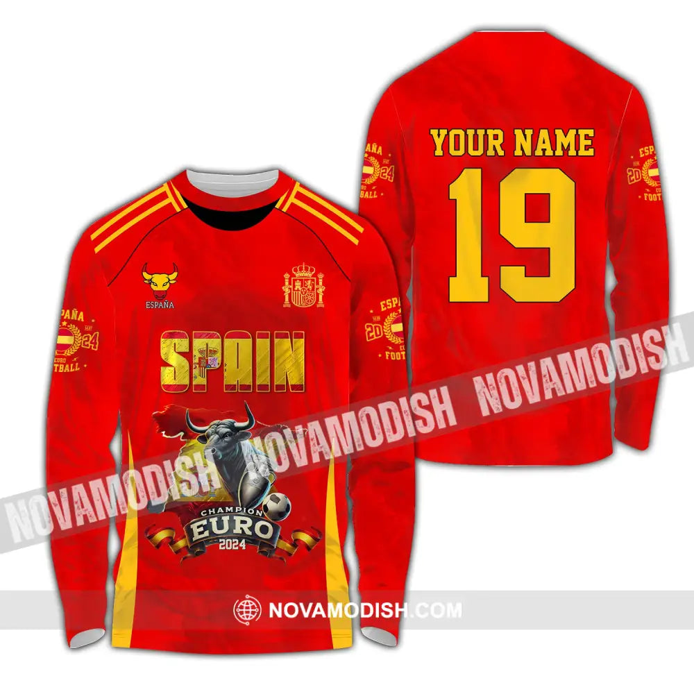 Unisex Shirt Custom Name And Number Spain Football Polo Euro 2024 Hoodie Long Sleeve / S T-Shirt