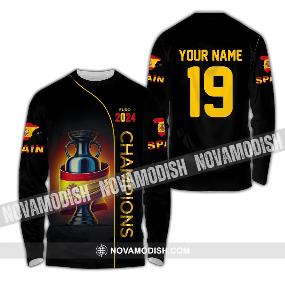 Unisex Shirt Custom Name And Number Spain Football Polo Euro 2024 Hoodie Long Sleeve / S T-Shirt