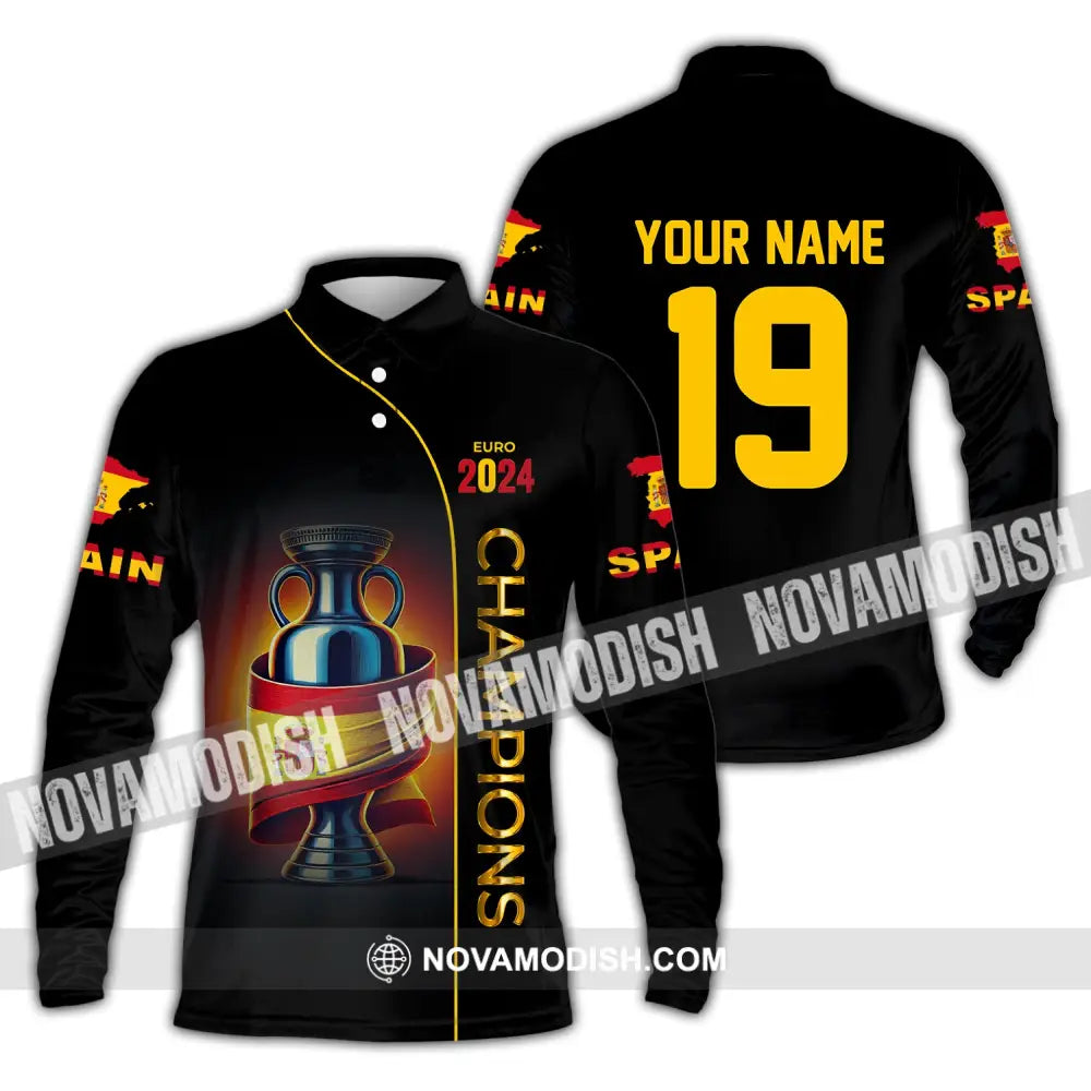 Unisex Shirt Custom Name And Number Spain Football Polo Euro 2024 Hoodie Long Sleeve / S T-Shirt