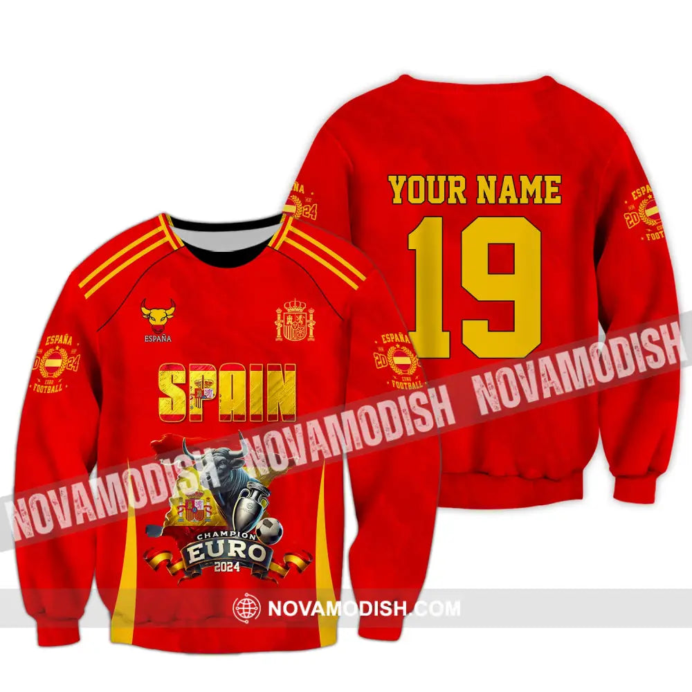 Unisex Shirt Custom Name And Number Spain Football Polo Euro 2024 Hoodie Long Sleeve / S T-Shirt