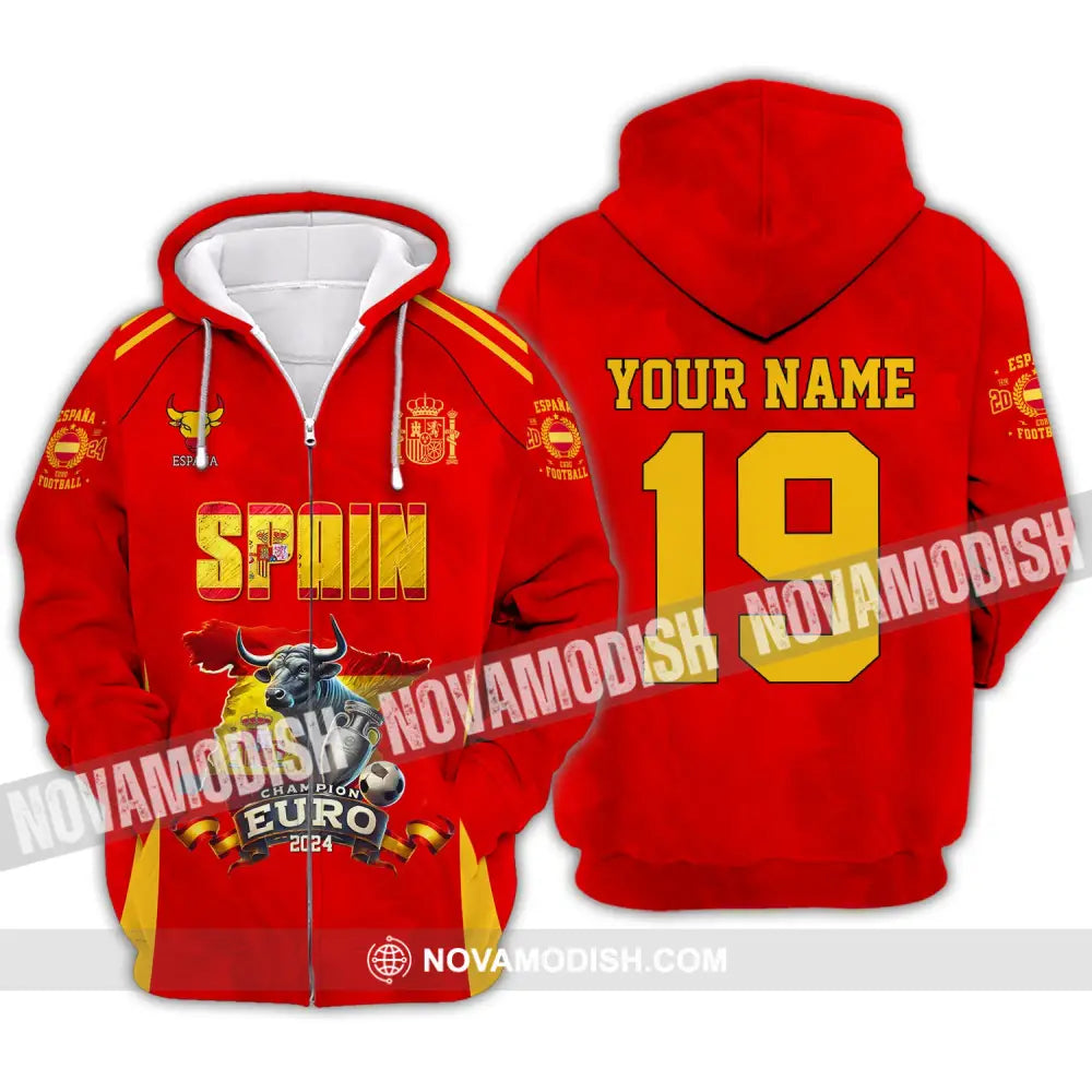 Unisex Shirt Custom Name And Number Spain Football Polo Euro 2024 Hoodie Long Sleeve Zipper / S